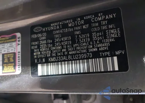 2020 Hyundai Tucson Sport z USA, uszkodzony, nr VIN KM8J33AL8LU239973